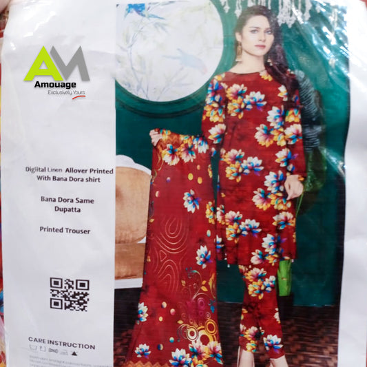 Digital Linen Allover Printed with Bana Dora Shirt, Bana Dora Same Dupatta, Printed Trouser&nbsp;