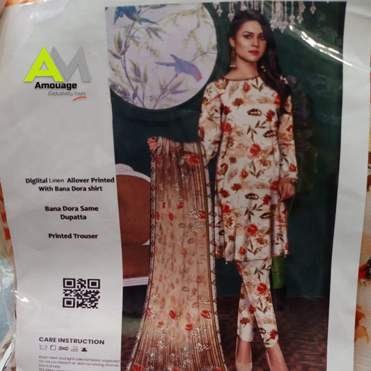 Digital Linen Allover Printed with Bana Dora Shirt, Bana Dora Same Dupatta, Printed Trouser&nbsp;