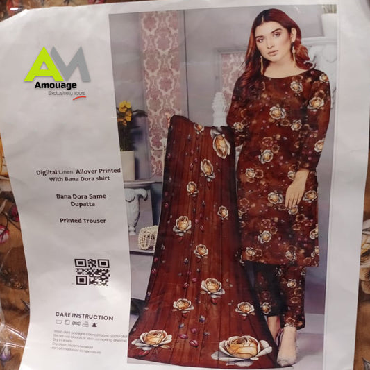 Digital Linen Allover Printed with Bana Dora Shirt, Bana Dora Same Dupatta, Printed Trouser&nbsp;
