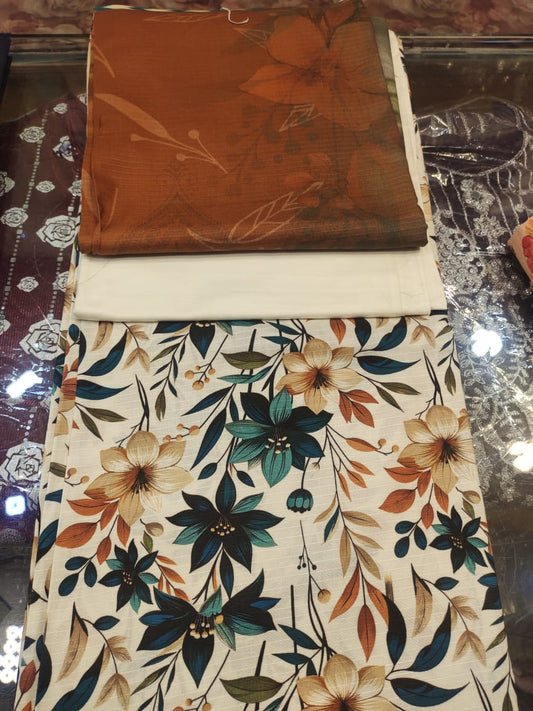 Linen Sequence EBM Shirt, Linen Print Dupatta, Linen Dyed Trouser